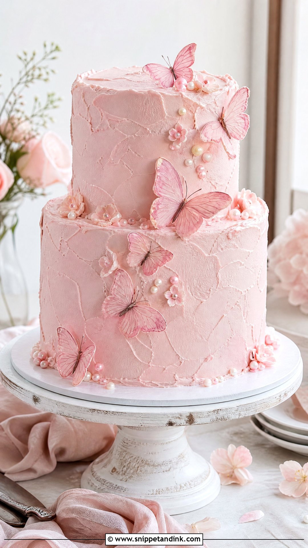 Pink Buttercream Butterfly Wedding Cake - Snippet and Ink - 20 Pink Cake Ideas with Butterflies for Wedding