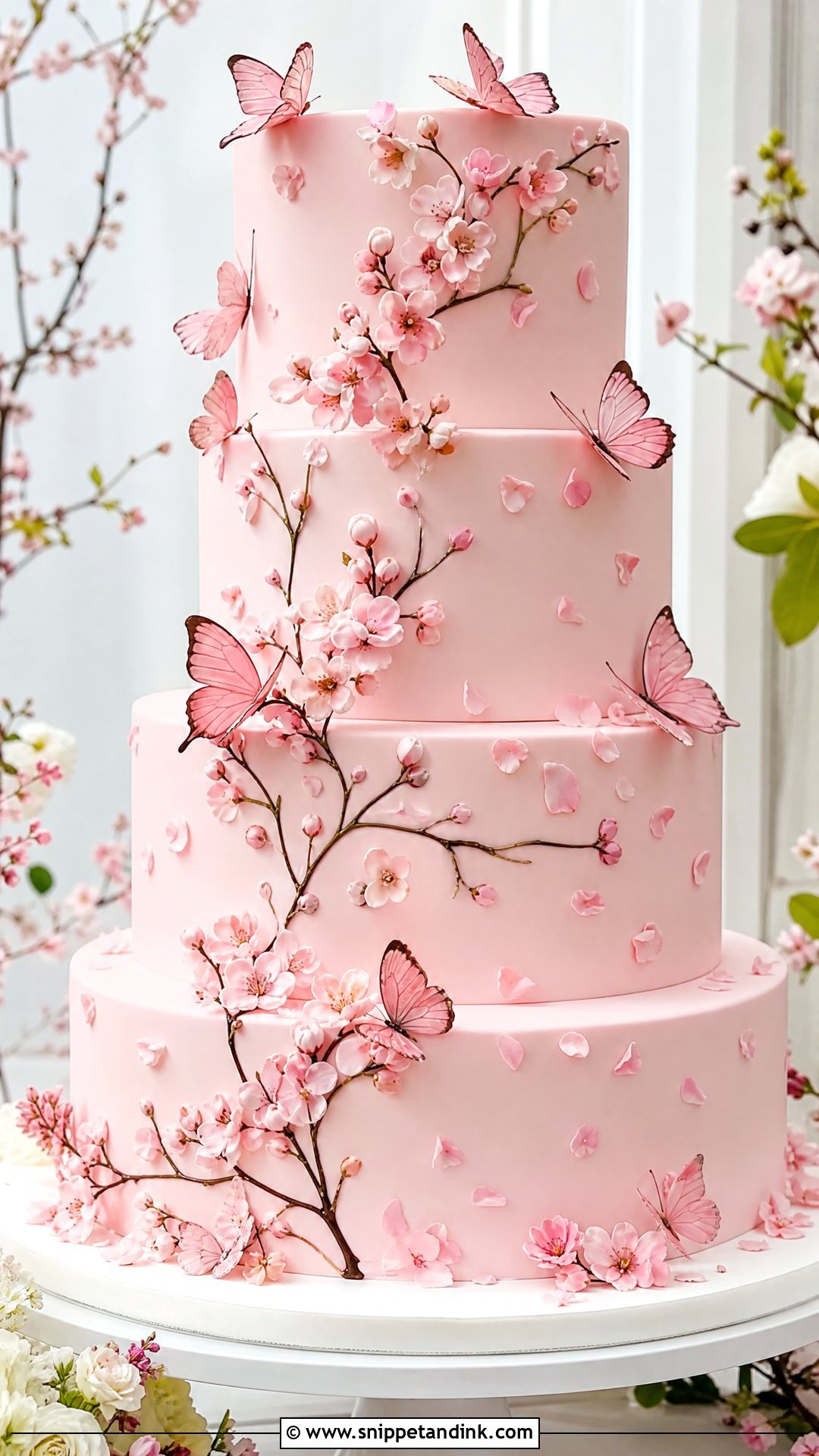 Pink Butterfly Wedding Cake With Cherry Blossoms - Snippet and Ink - 20 Pink Cake Ideas with Butterflies for Wedding