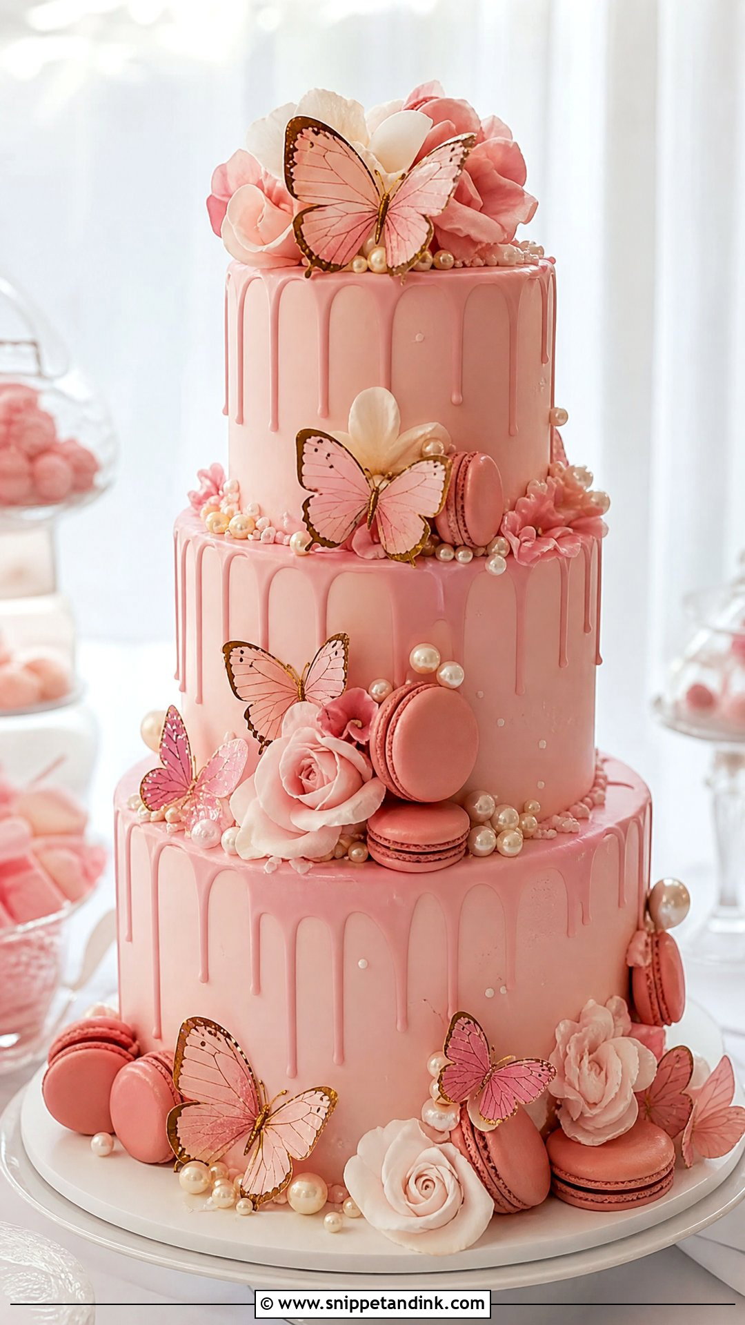 Pink Butterfly Wedding Cake With Macarons - Snippet and Ink - 20 Pink Cake Ideas with Butterflies for Wedding