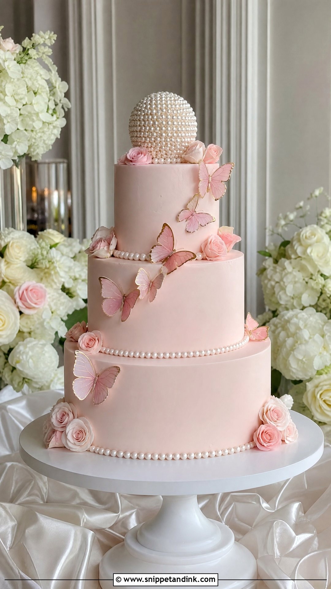 Pink Butterfly Wedding Cake With Pearl Topper - Snippet and Ink - 20 Pink Cake Ideas with Butterflies for Wedding