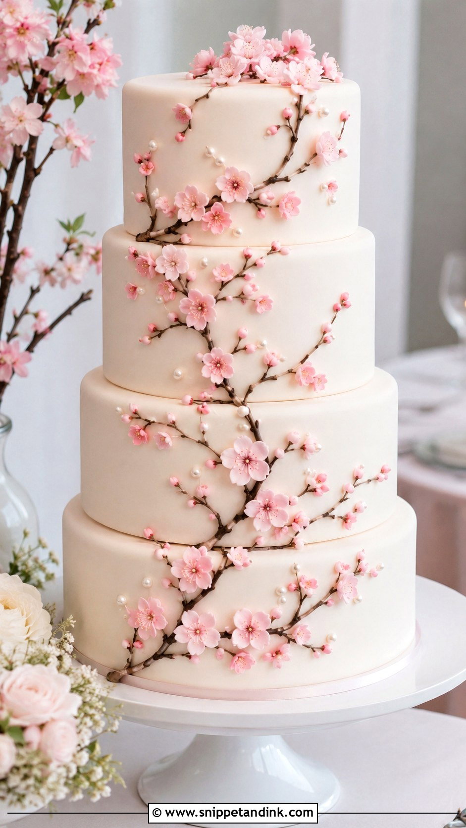 Pink Cherry Blossom Wedding Cake - Snippet and Ink - 20 Wedding Cake Ideas with Pink Accents