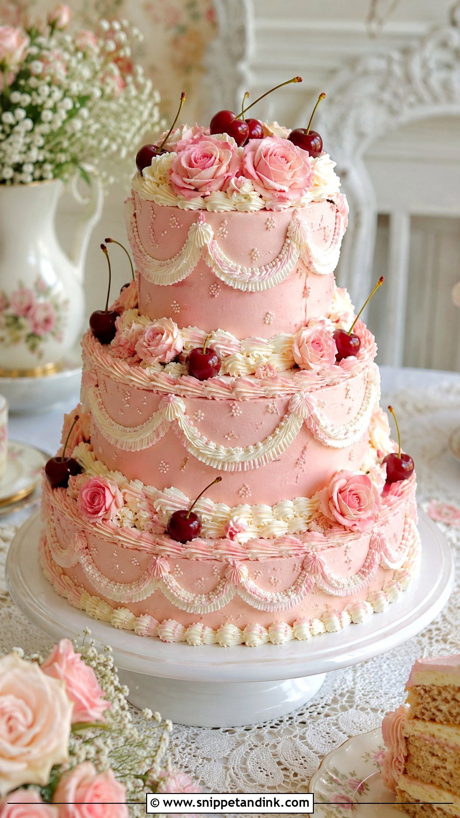 Pink Cherry Wedding Cake - Snippet and Ink - 25 Vintage Cherry Wedding Cake Ideas
