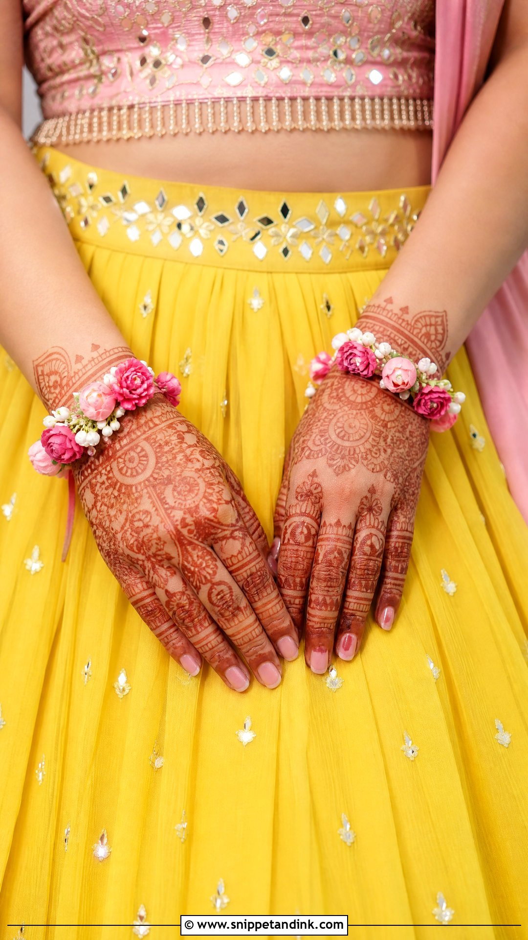 Pink Crop Top And Yellow Skirt - Snippet and Ink - 20 Yellow and Pink Haldi Outfit Ideas