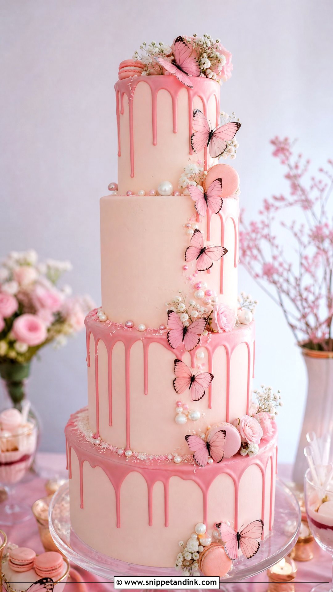 Pink Drip Butterfly Wedding Cake - Snippet and Ink - 20 Pink Cake Ideas with Butterflies for Wedding