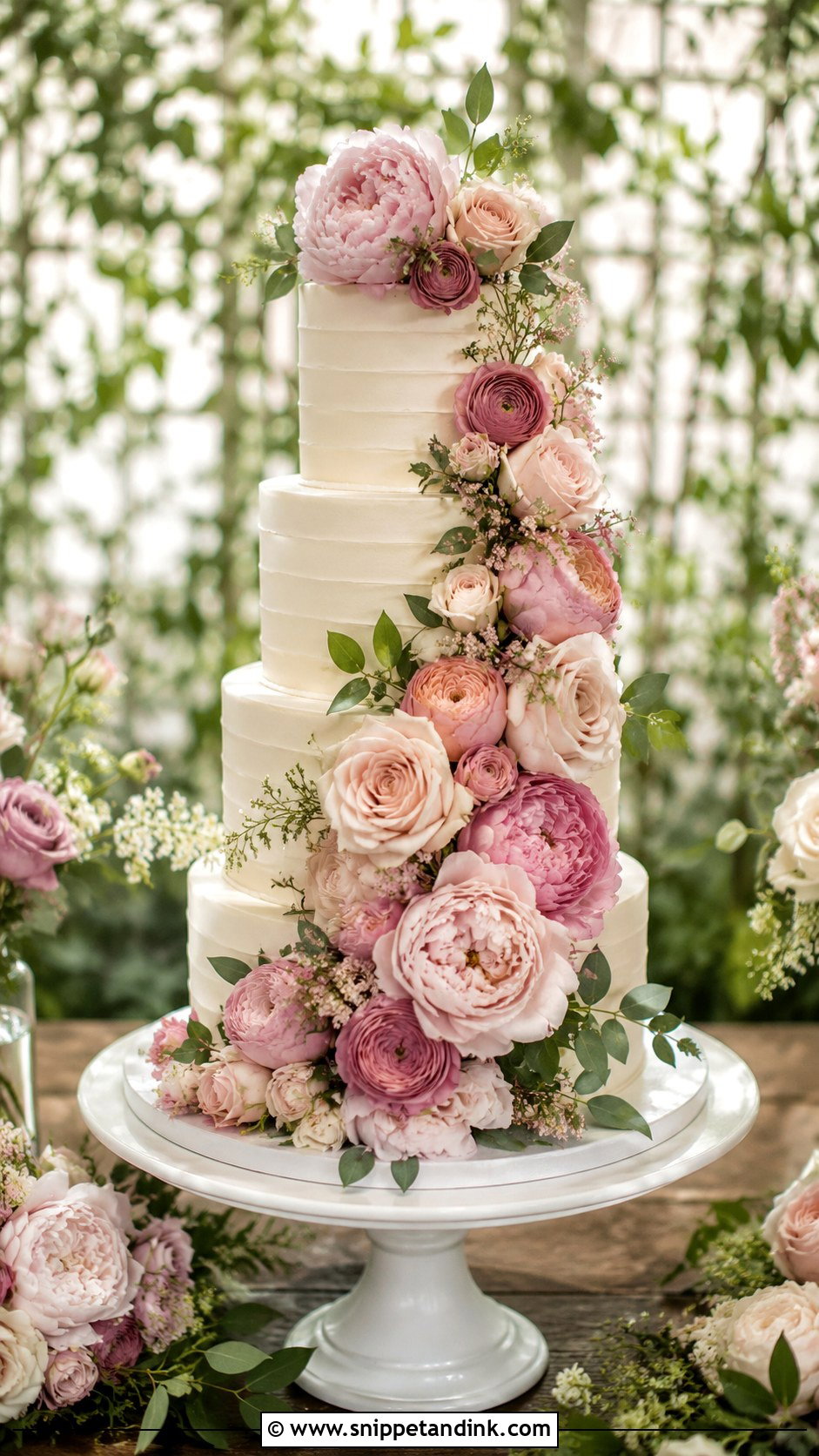 Pink Floral Cascade Wedding Cake - Snippet and Ink - 20 Wedding Cake Ideas with Pink Accents