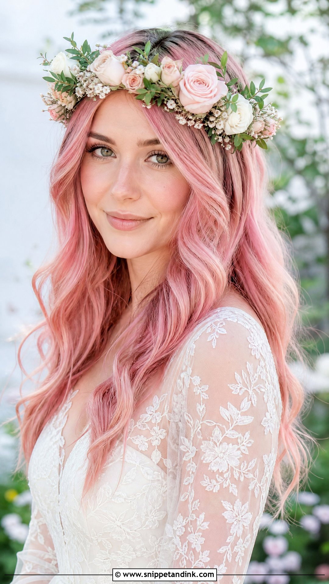 Pink Floral Crown Hair - Snippet and Ink - 20 Pink Hair Wedding Ideas