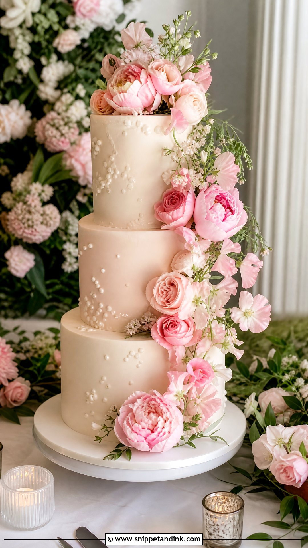 Pink Floral Wedding Cake - Snippet and Ink - 20 Pink Wedding Cake Ideas