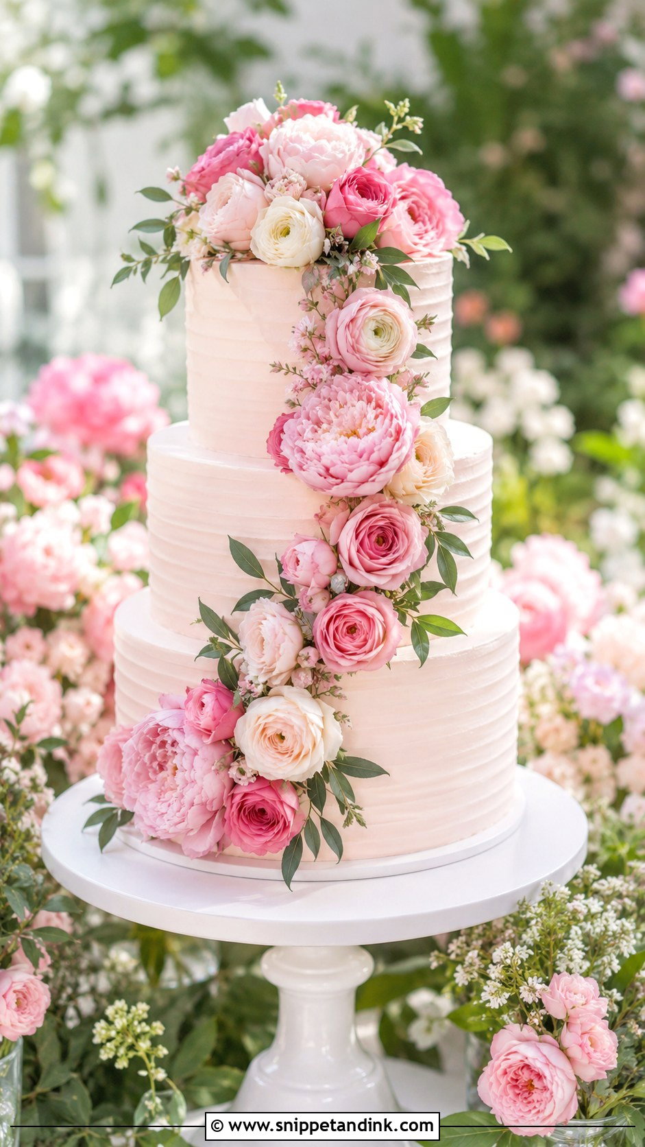 Pink Floral Wedding Cake - Snippet and Ink - 25 Pink Themed Wedding Cake Ideas