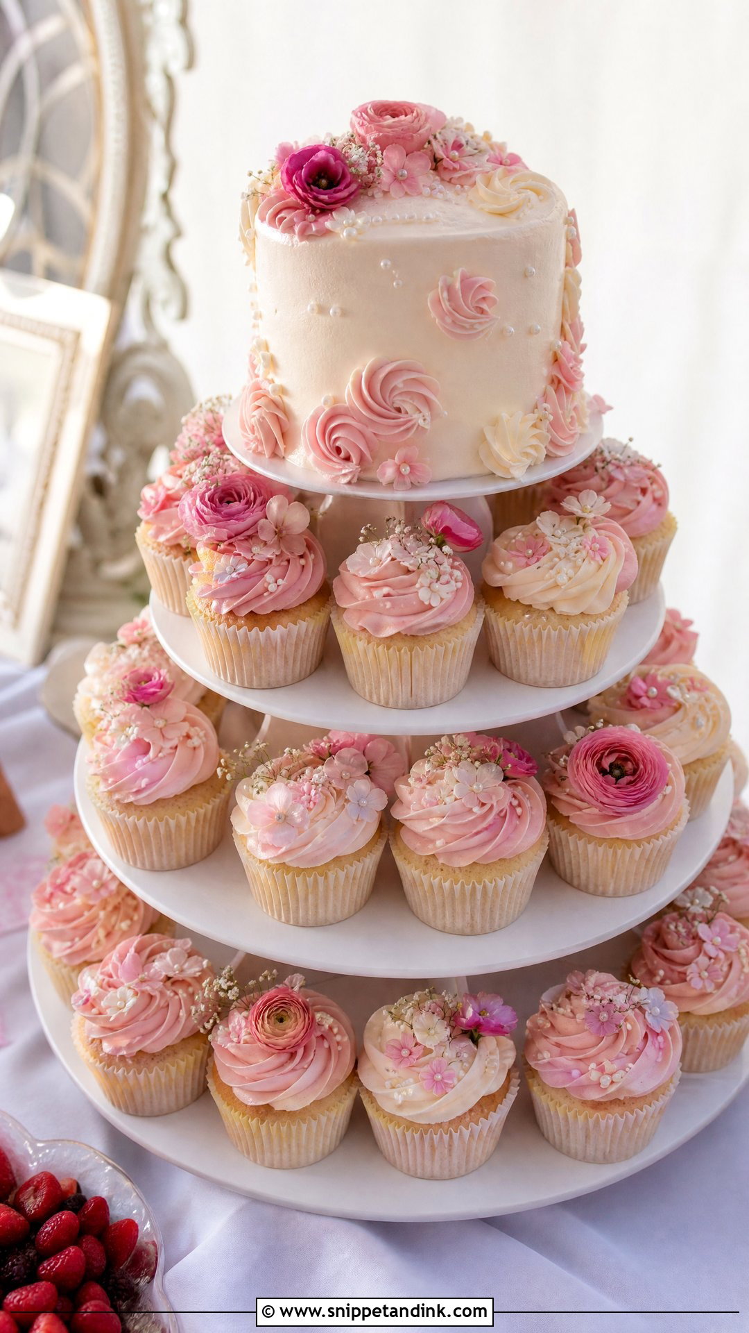 Pink Flower Cupcake Wedding Cake - Snippet and Ink - 20 Pink Flower Cake Ideas for Wedding