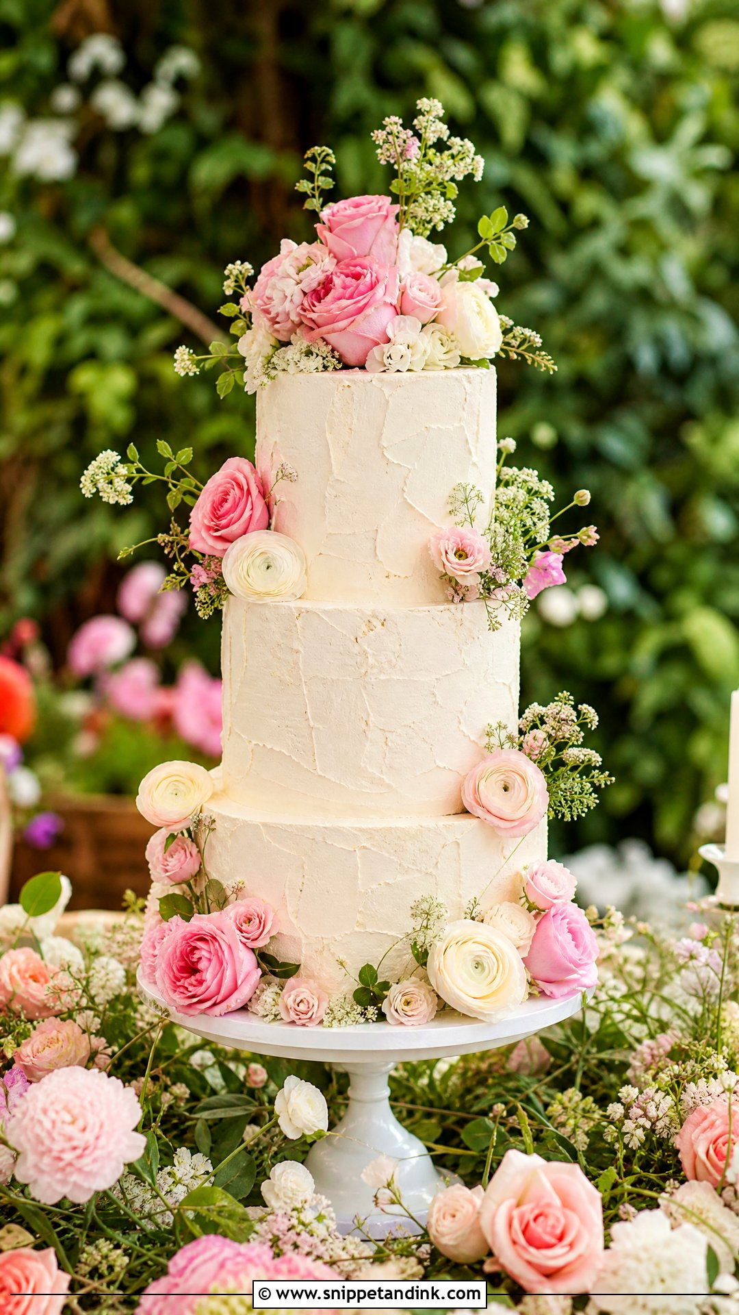 Pink Flower Garden Wedding Cake - Snippet and Ink - 20 Pink Flower Cake Ideas for Wedding