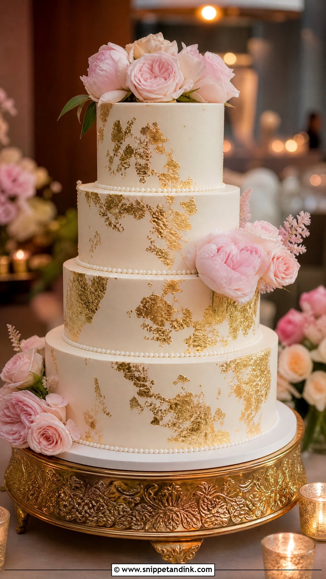 Pink Flower Gold Wedding Cake - Snippet and Ink - 20 Pink Flower Cake Ideas for Wedding