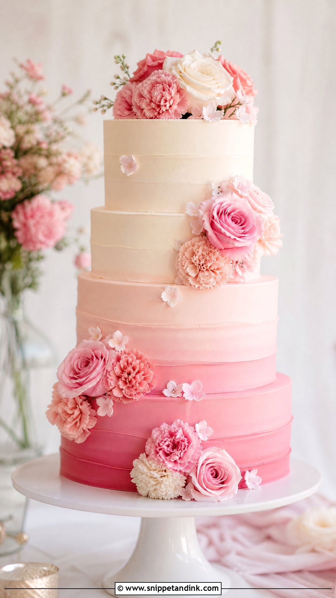 Pink Flower Ombre Wedding Cake - Snippet and Ink - 20 Pink Flower Cake Ideas for Wedding