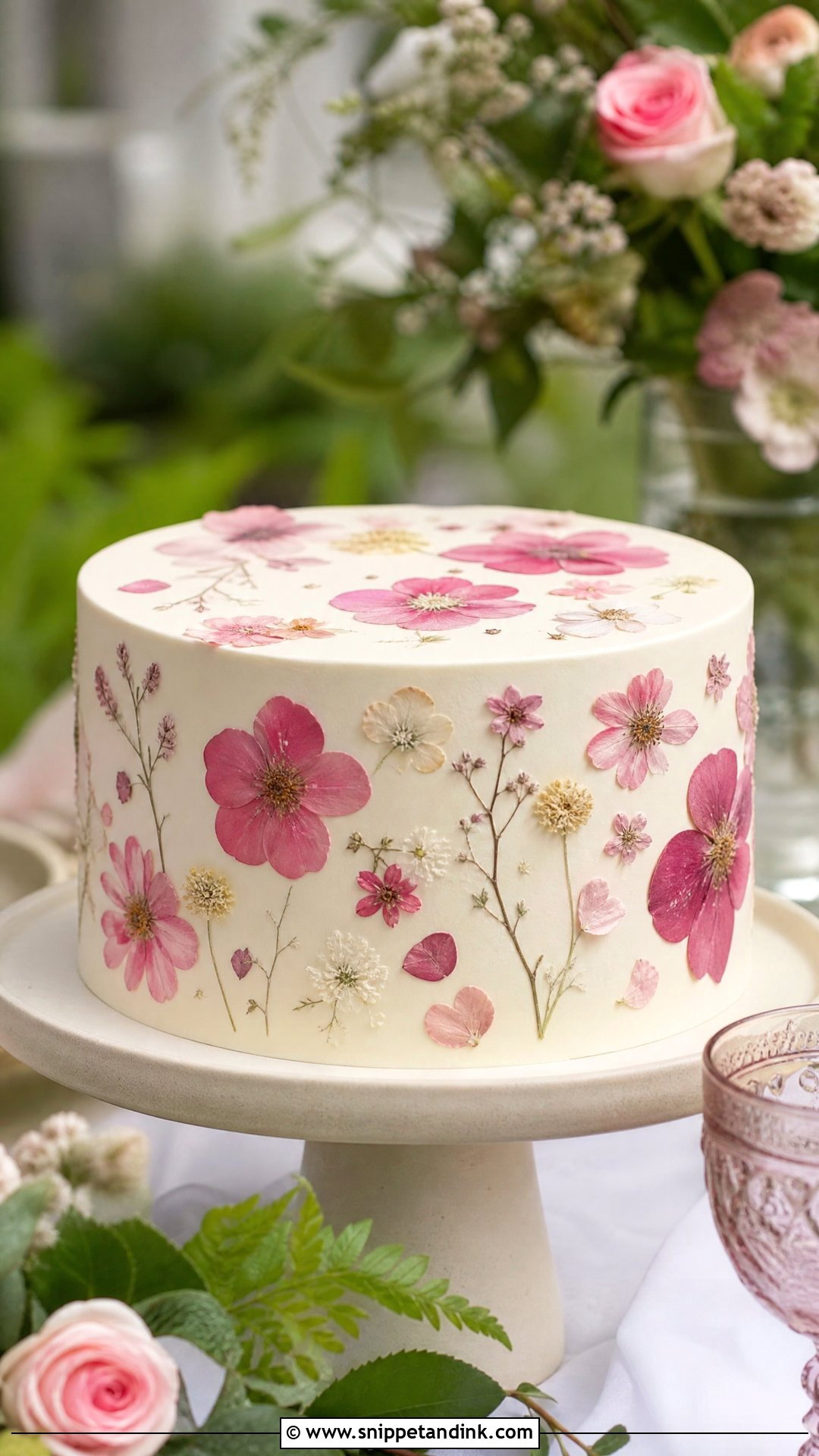 Pink Flower Pressed Flower Wedding Cake - Snippet and Ink - 20 Pink Flower Cake Ideas for Wedding