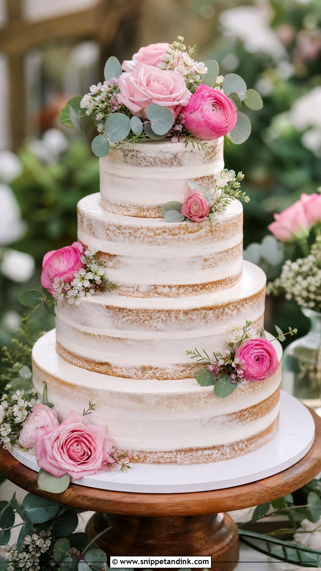 Pink Flower Semi Naked Wedding Cake - Snippet and Ink - 20 Pink Flower Cake Ideas for Wedding