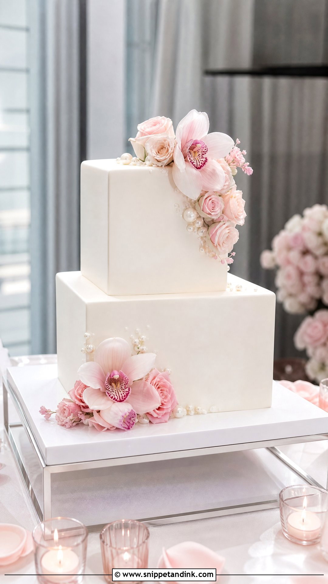 Pink Flower Square Wedding Cake - Snippet and Ink - 20 Pink Flower Cake Ideas for Wedding