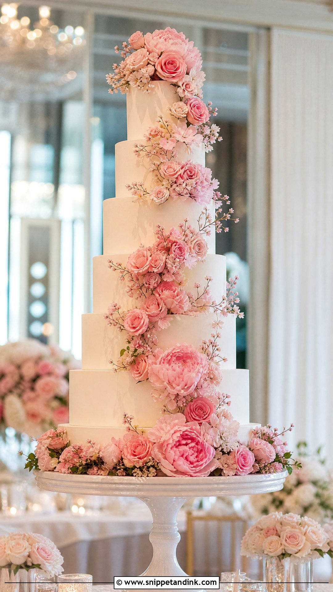 Pink Flower Tall Wedding Cake - Snippet and Ink - 20 Pink Flower Cake Ideas for Wedding