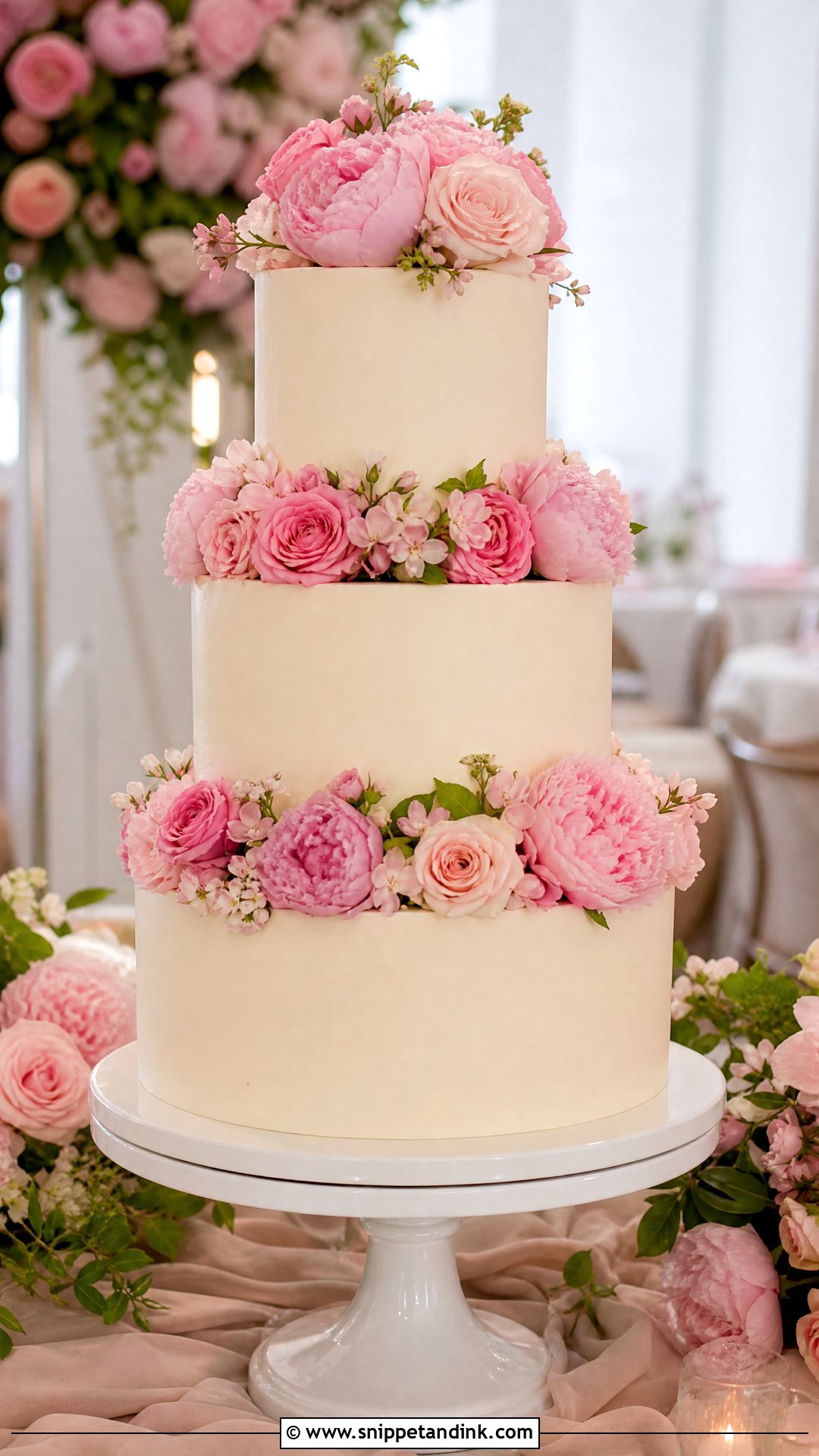 Pink Flower Three Tier Wedding Cake - Snippet and Ink - 20 Pink Flower Cake Ideas for Wedding