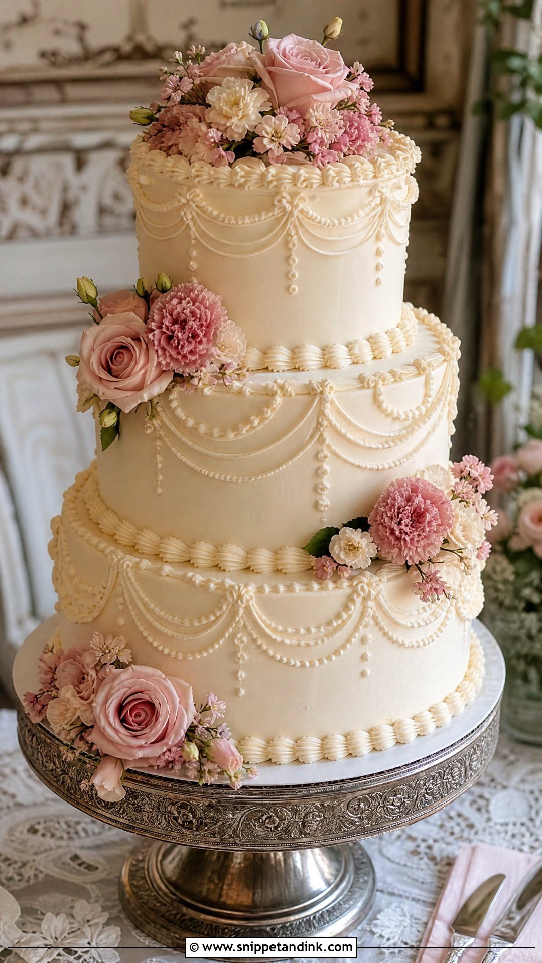 Pink Flower Vintage Wedding Cake - Snippet and Ink - 20 Pink Flower Cake Ideas for Wedding