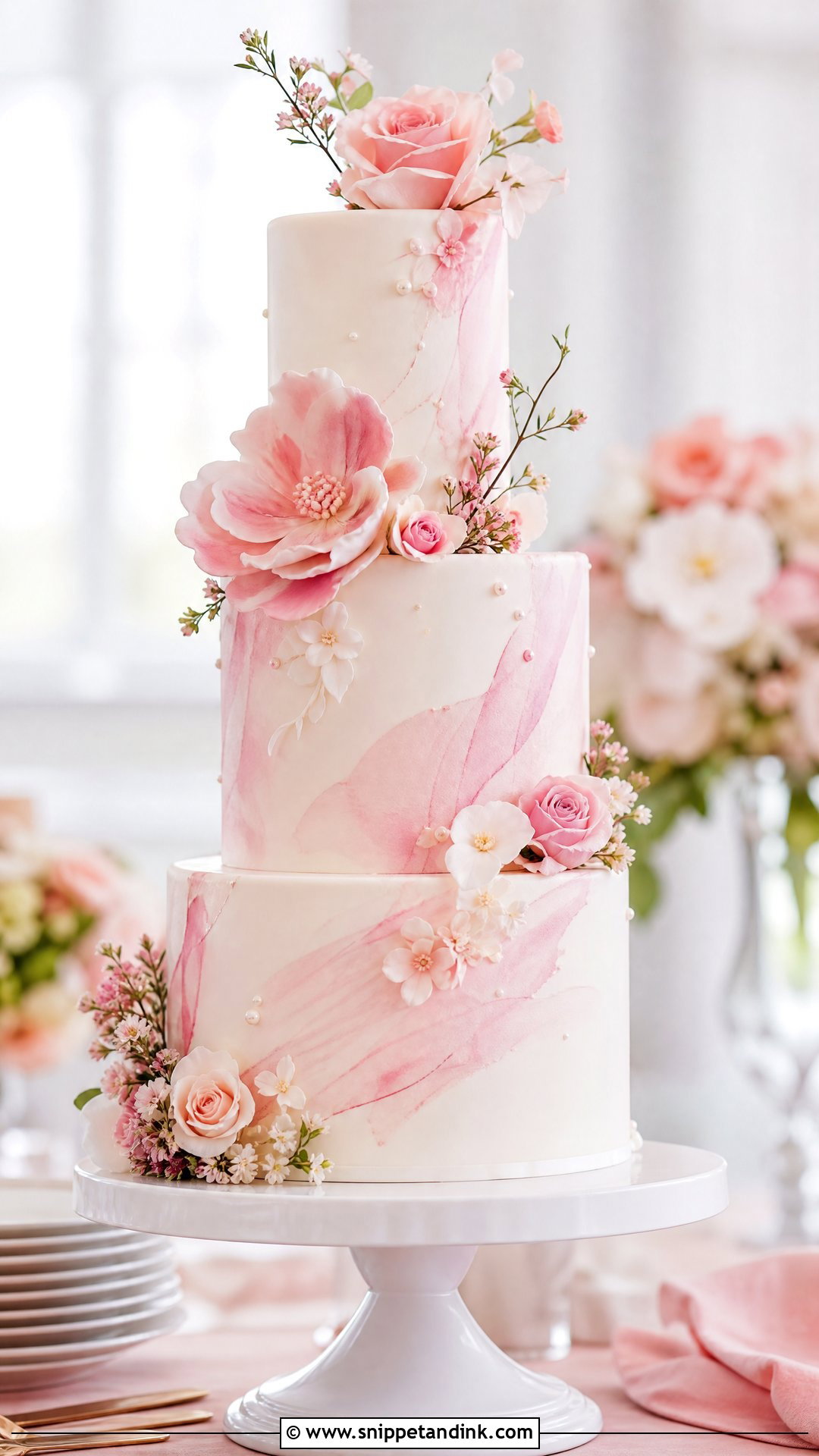 Pink Flower Watercolor Wedding Cake - Snippet and Ink - 20 Pink Flower Cake Ideas for Wedding