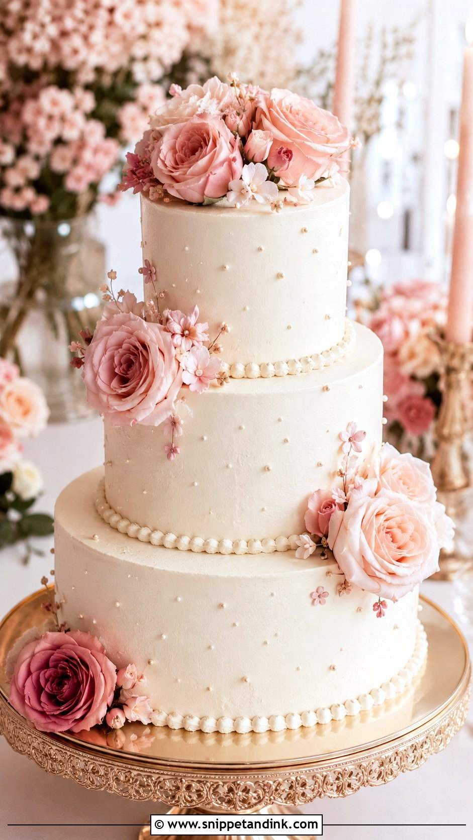 Pink Flower Wedding Cake With Pearls - Snippet and Ink - 30 Wedding Cake Ideas with Flowers and Pearls