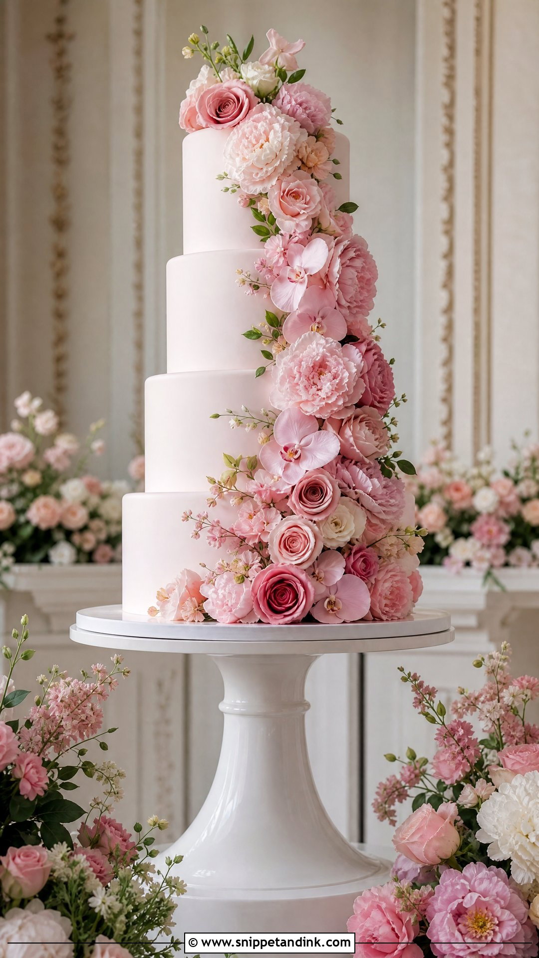 Pink Fondant Wedding Cake With Cascading Flowers - Snippet and Ink - 20 Pink Fondant Cake Ideas for Wedding