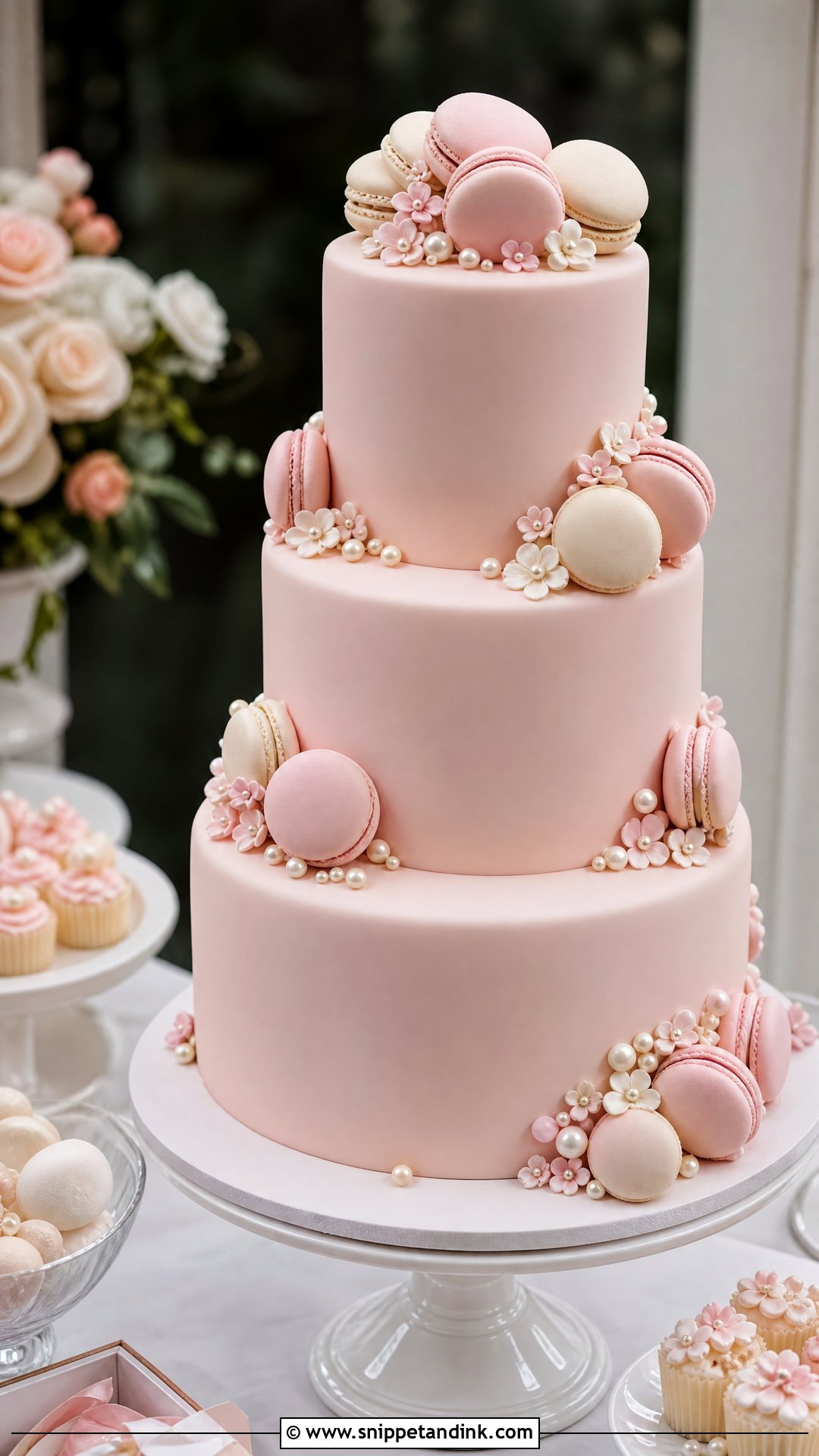 Pink Fondant Wedding Cake With Macarons - Snippet and Ink - 20 Pink Fondant Cake Ideas for Wedding