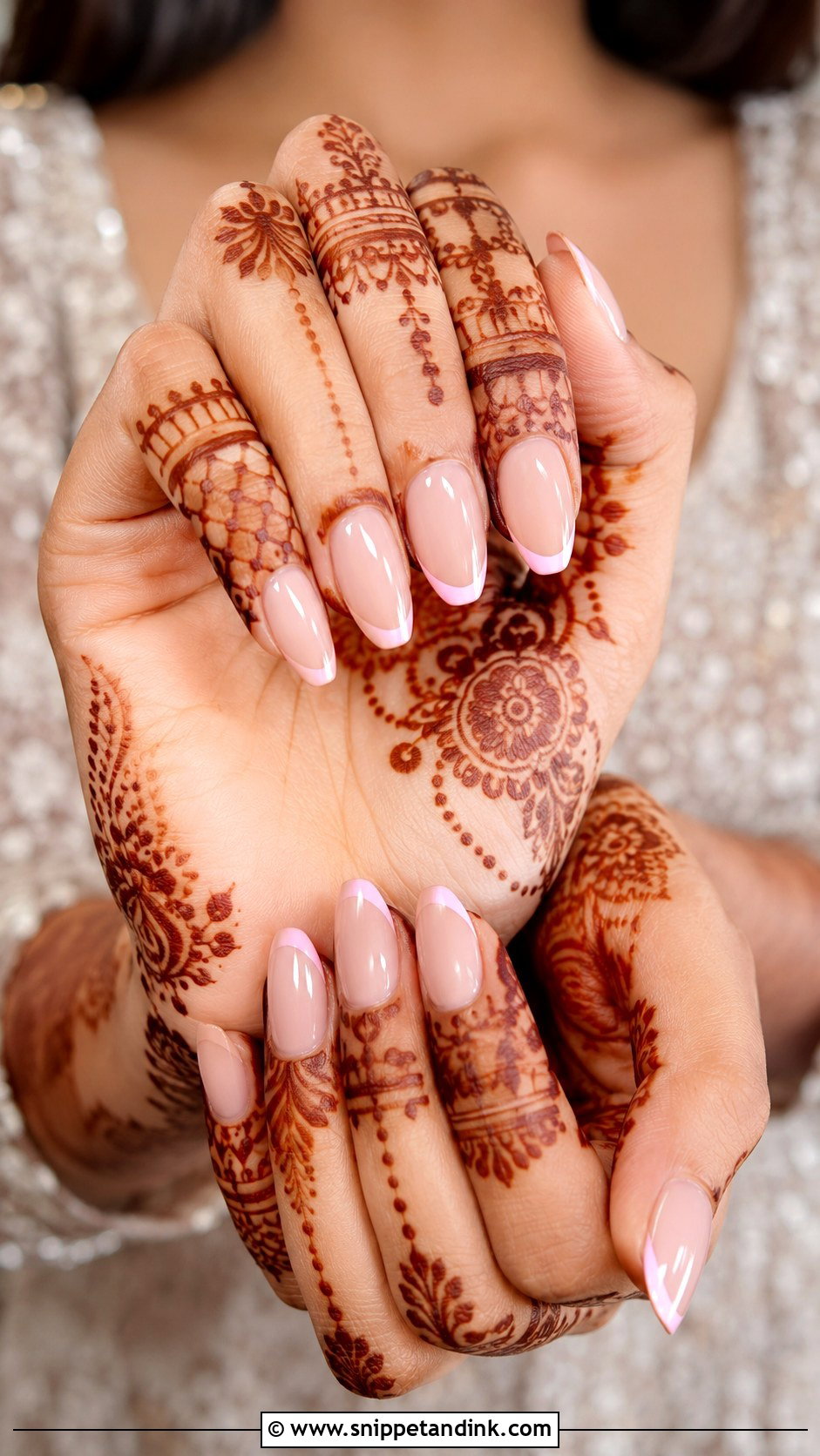 Pink French Tip Bridal Nails With Mehendi - Snippet and Ink - 20 Bridal Nails with Mehendi
