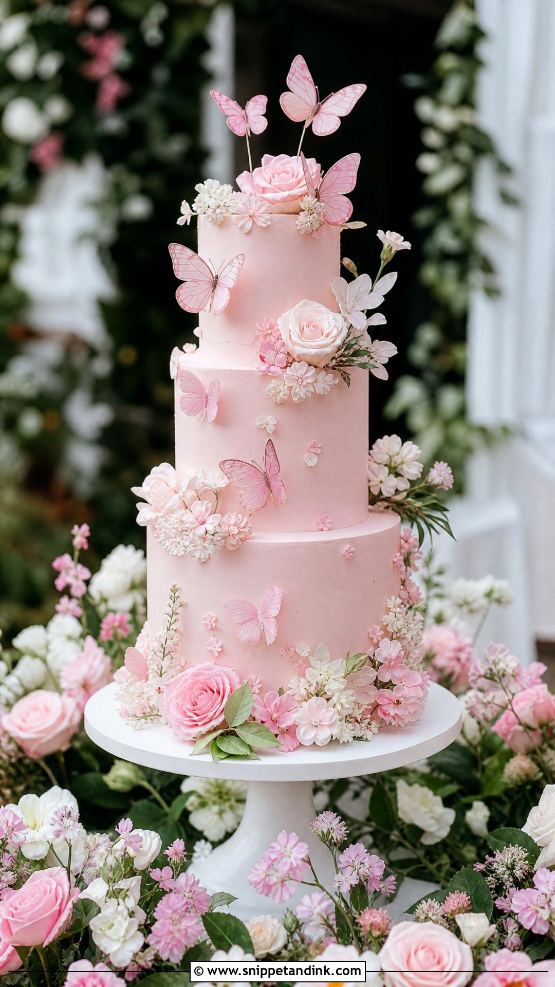 Pink Garden Butterfly Wedding Cake - Snippet and Ink - 20 Pink Cake Ideas with Butterflies for Wedding