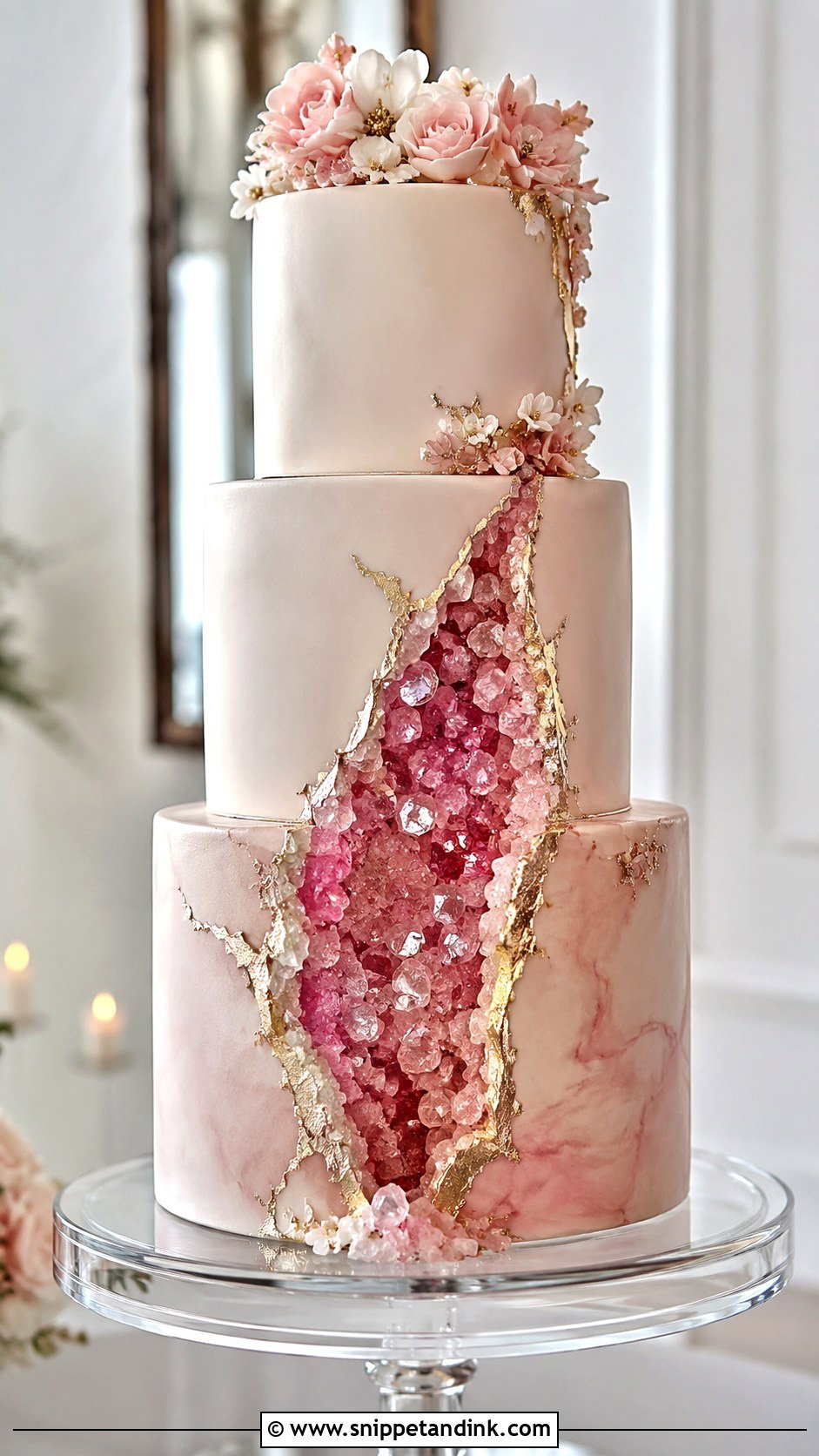 Pink Geode Wedding Cake - Snippet and Ink - 25 Pink Themed Wedding Cake Ideas