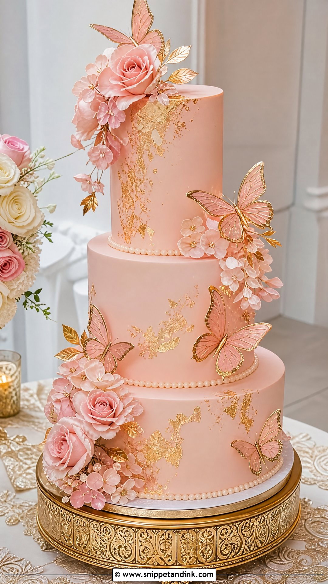 Pink Gold Butterfly Wedding Cake - Snippet and Ink - 20 Pink Cake Ideas with Butterflies for Wedding