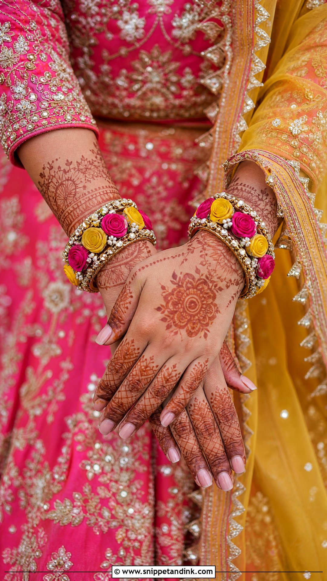 Pink Haldi Lehenga With Yellow Dupatta - Snippet and Ink - 20 Yellow and Pink Haldi Outfit Ideas