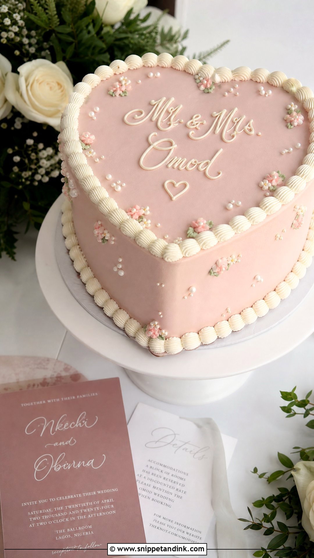 Pink Heart Wedding Cake With Calligraphy - Snippet and Ink - 25 Pink Heart Cake Ideas for Wedding