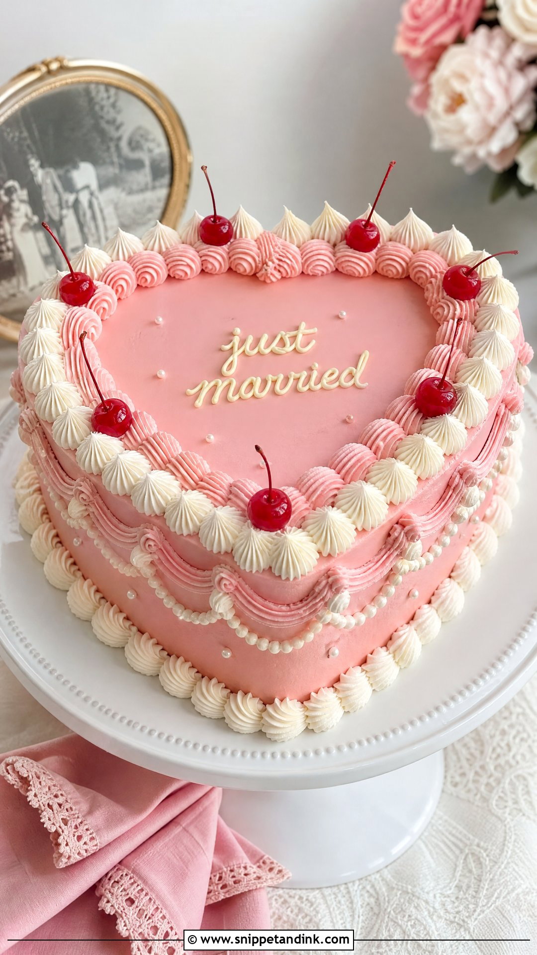 Pink Heart Wedding Cake With Cherries - Snippet and Ink - 25 Pink Heart Cake Ideas for Wedding