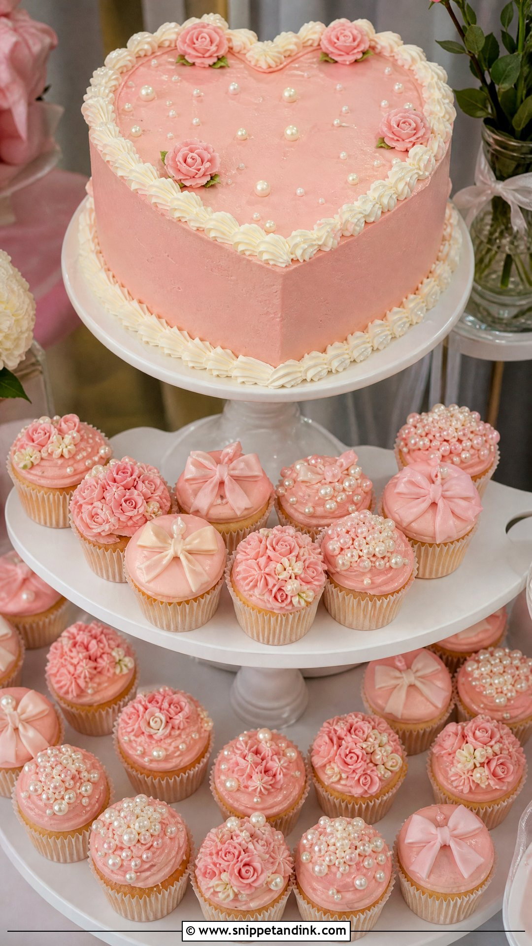 Pink Heart Wedding Cake With Cupcakes - Snippet and Ink - 25 Pink Heart Cake Ideas for Wedding