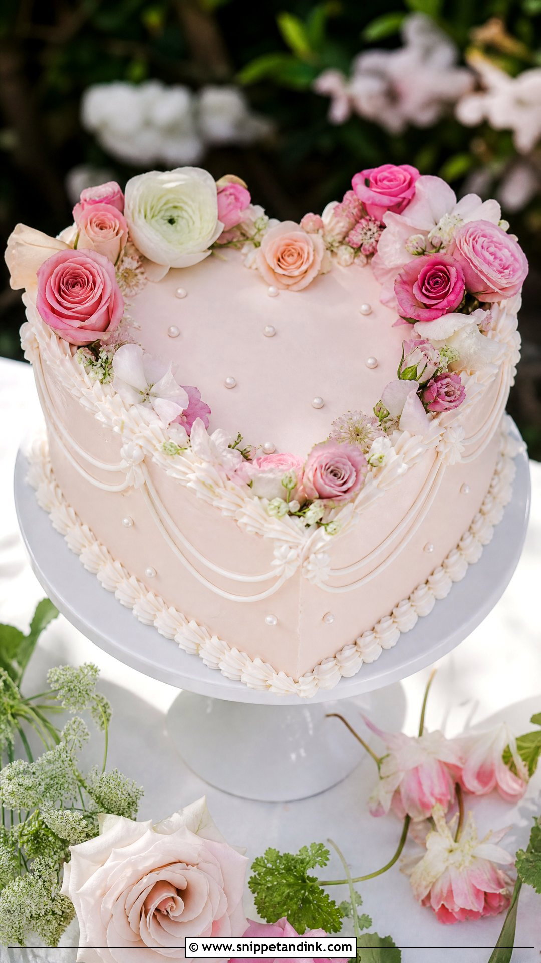 Pink Heart Wedding Cake With Fresh Flowers - Snippet and Ink - 25 Pink Heart Cake Ideas for Wedding