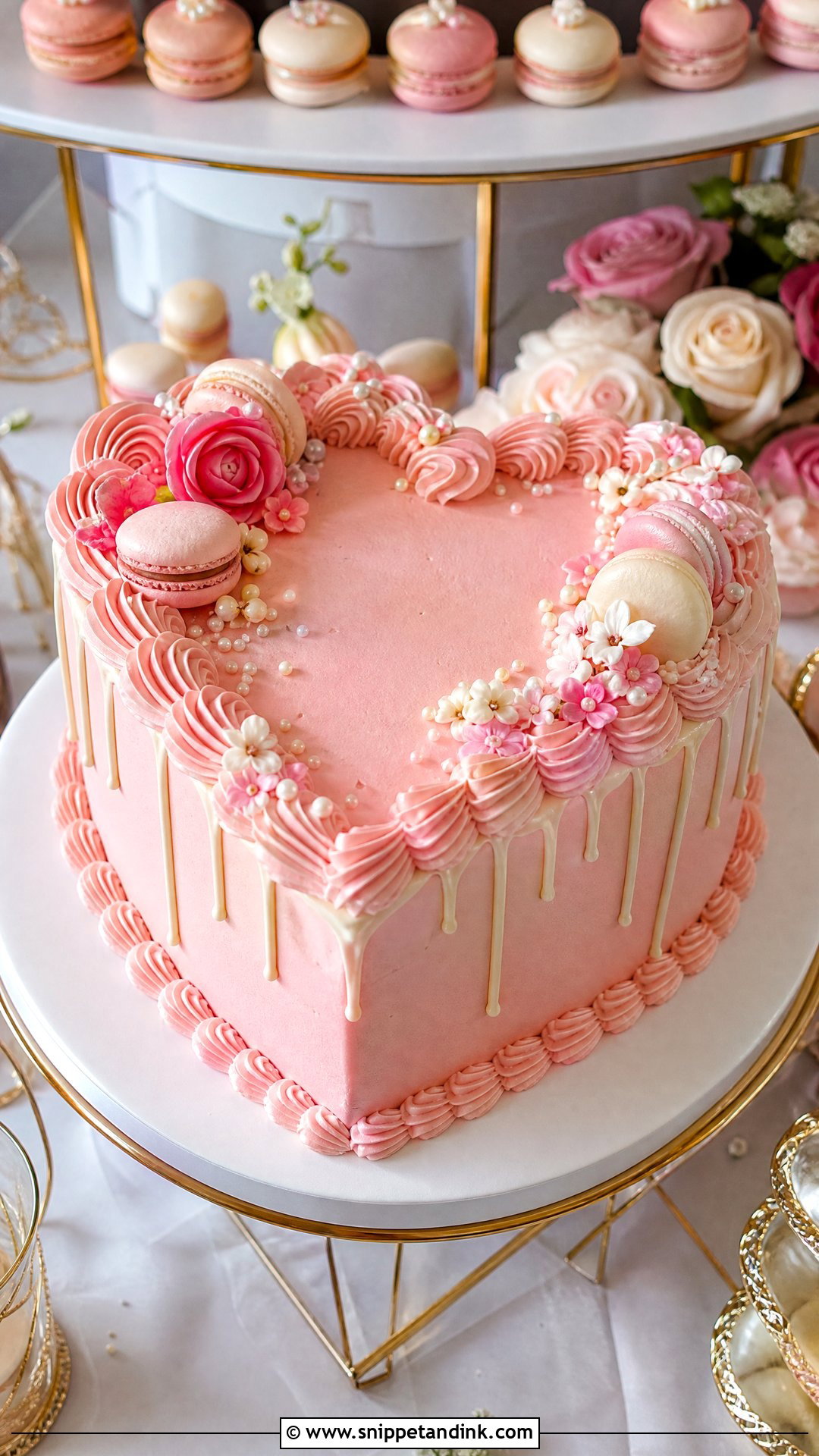 Pink Heart Wedding Cake With Macarons - Snippet and Ink - 25 Pink Heart Cake Ideas for Wedding