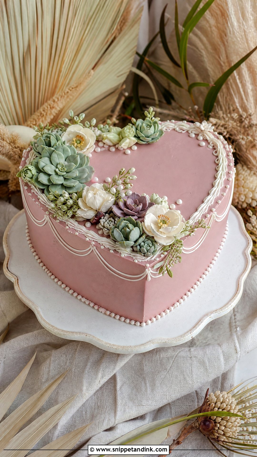 Pink Heart Wedding Cake With Succulents - Snippet and Ink - 25 Pink Heart Cake Ideas for Wedding