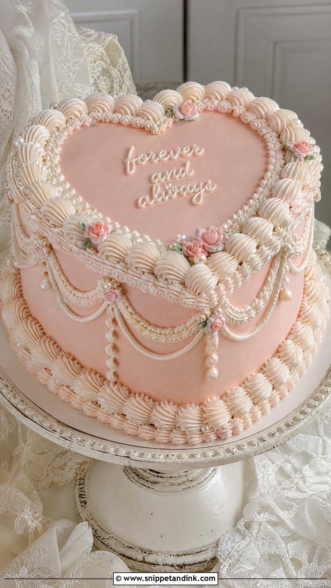 Pink Heart Wedding Cake With Vintage Piping - Snippet and Ink - 25 Pink Heart Cake Ideas for Wedding