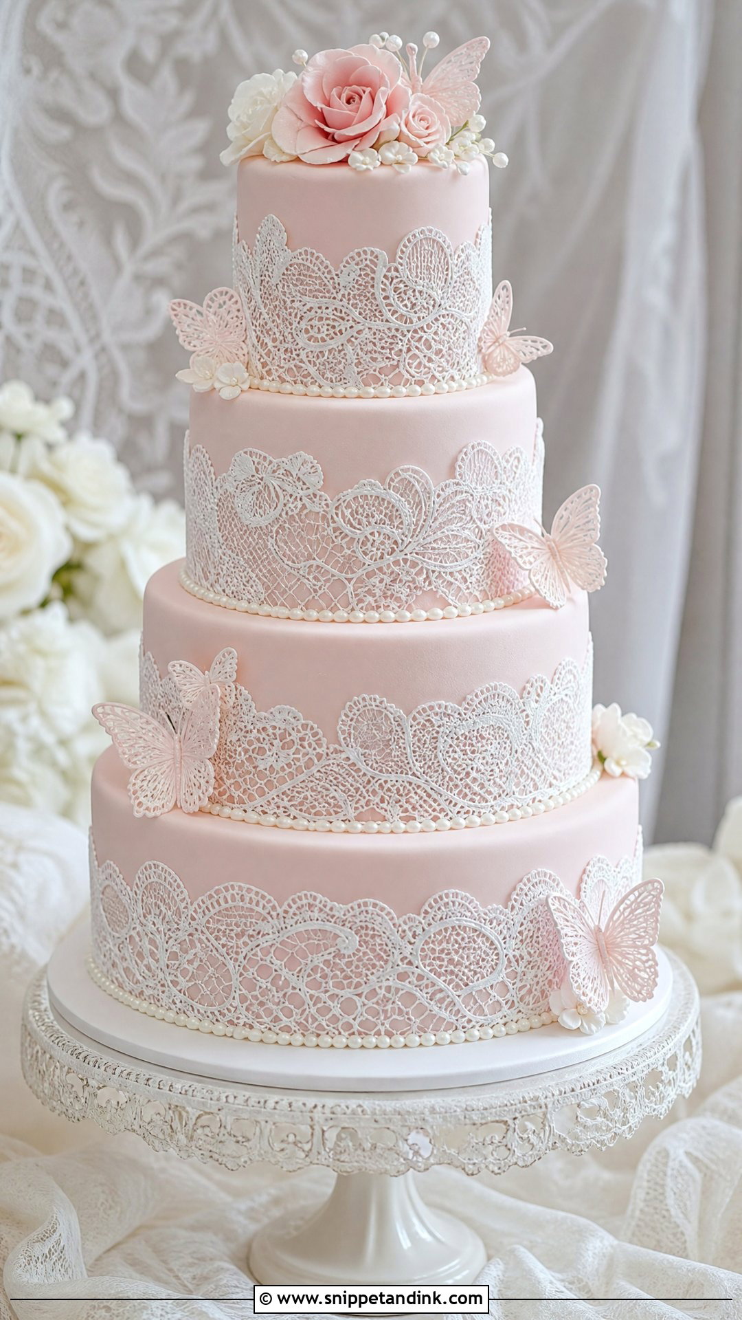 Pink Lace Butterfly Wedding Cake - Snippet and Ink - 20 Pink Cake Ideas with Butterflies for Wedding