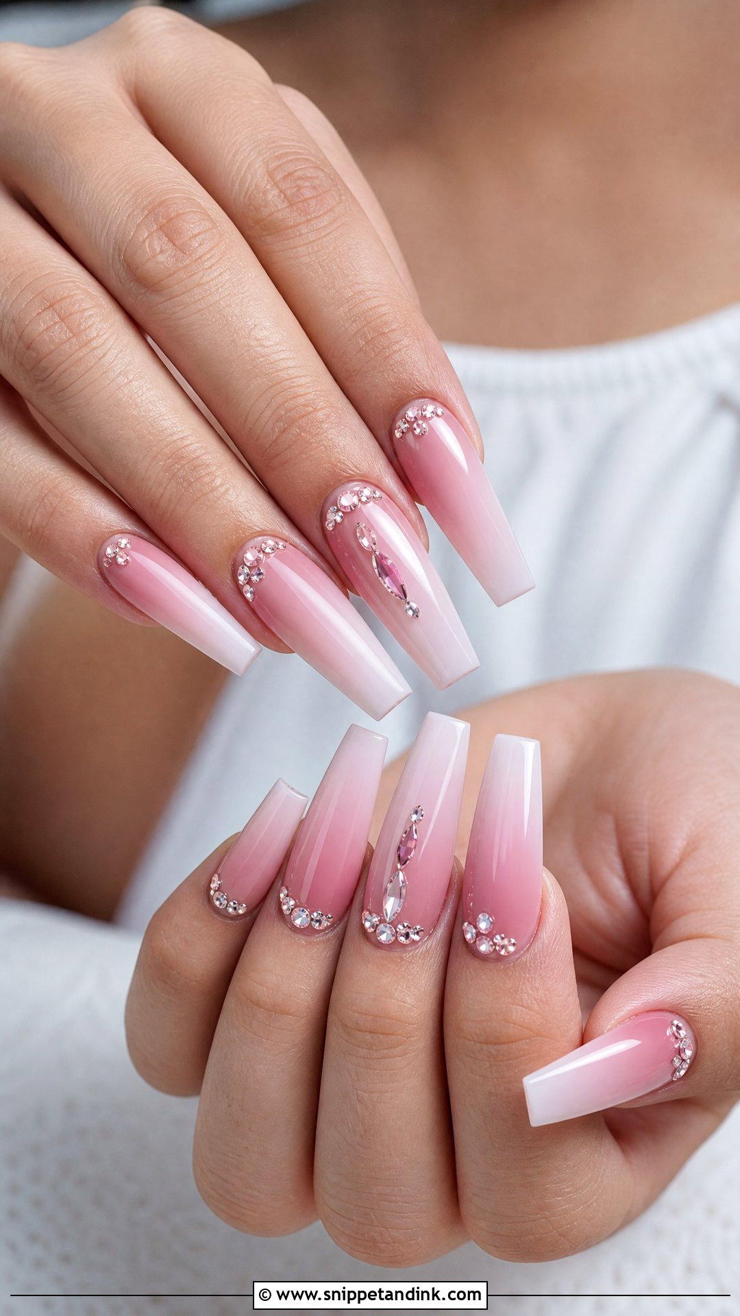 Pink Ombre Bridal Nails With Rhinestones - Snippet and Ink - 25 Indian Pink Bridal Nail Art Ideas