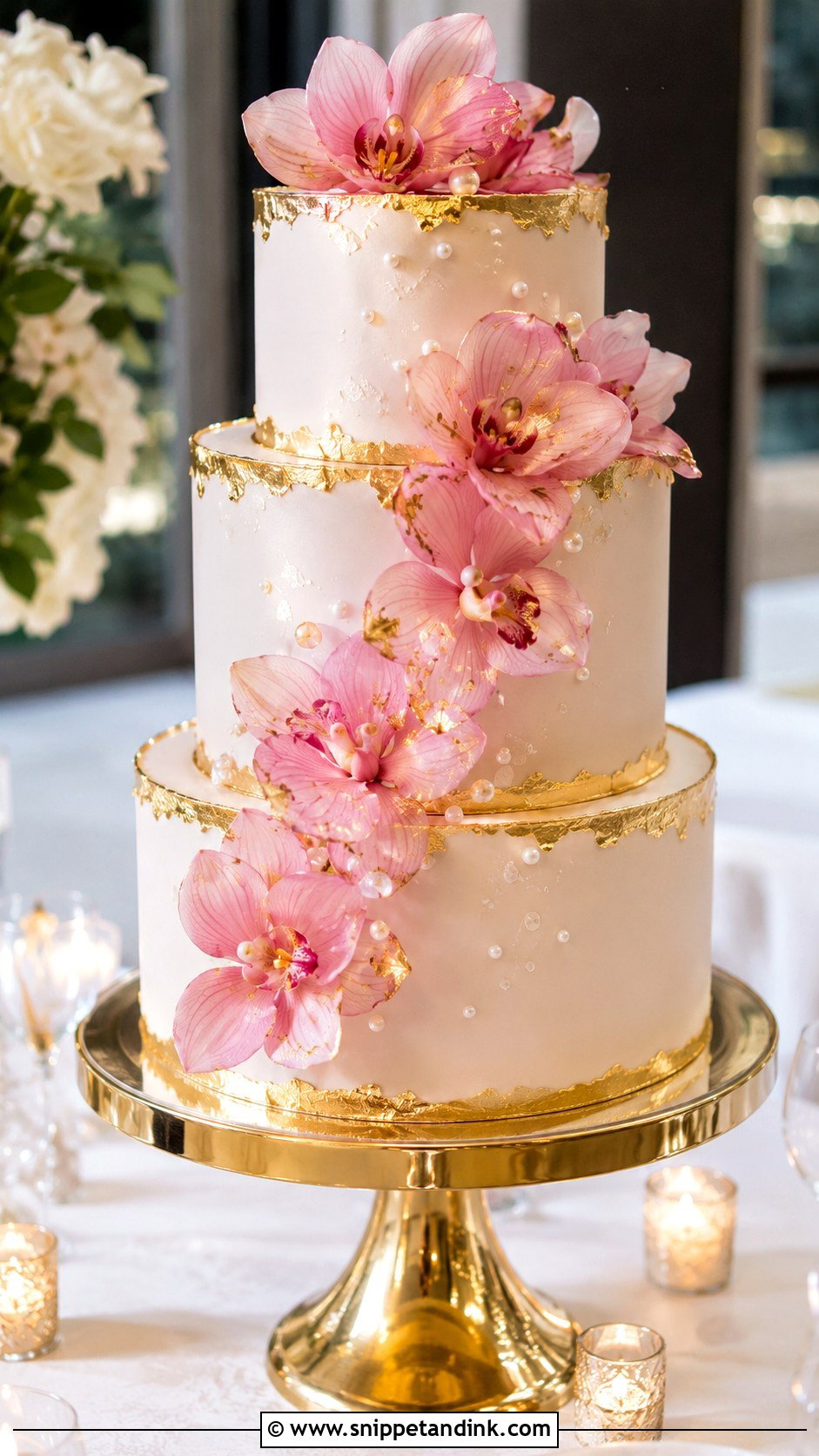 Pink Orchid And Gold Wedding Cake - Snippet and Ink - 35 Pink Orchid Wedding Cake Ideas