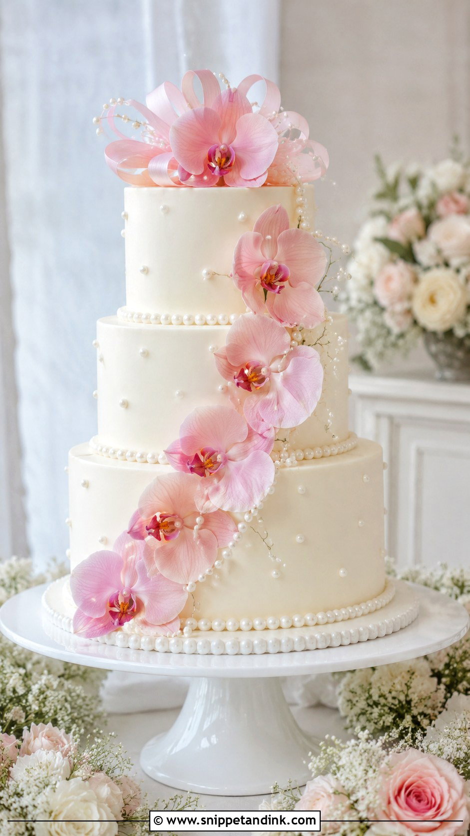 Pink Orchid And Pearl Wedding Cake - Snippet and Ink - 35 Pink Orchid Wedding Cake Ideas