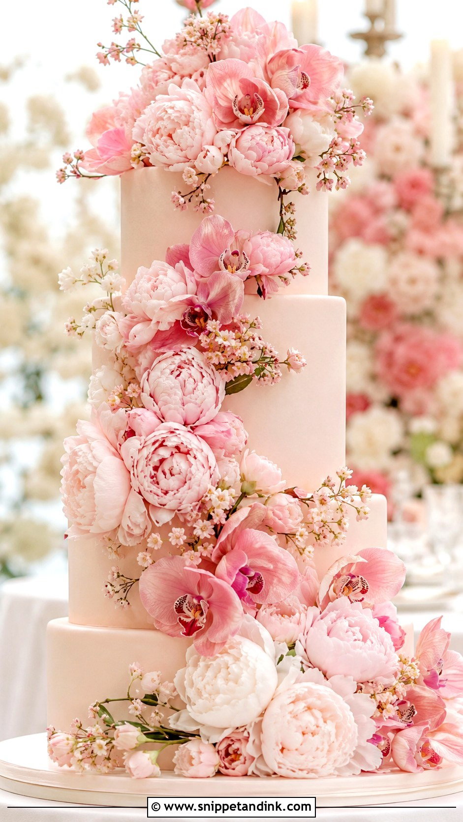 Pink Orchid And Peony Wedding Cake - Snippet and Ink - 35 Pink Orchid Wedding Cake Ideas