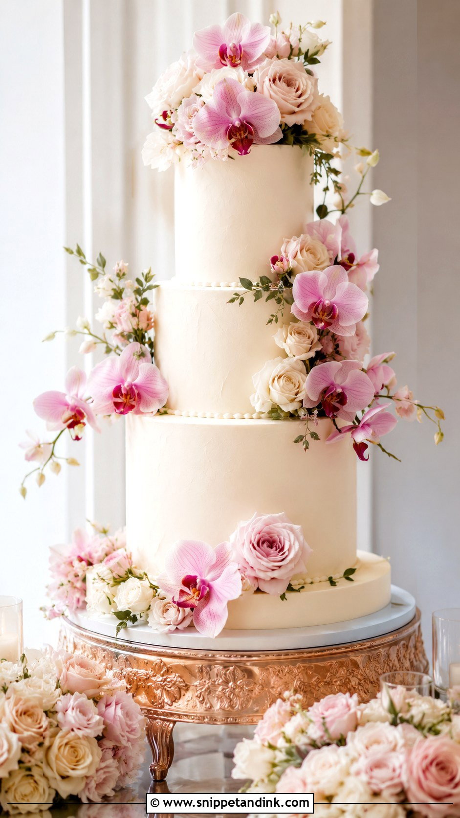 Pink Orchid And Rose Wedding Cake - Snippet and Ink - 35 Pink Orchid Wedding Cake Ideas