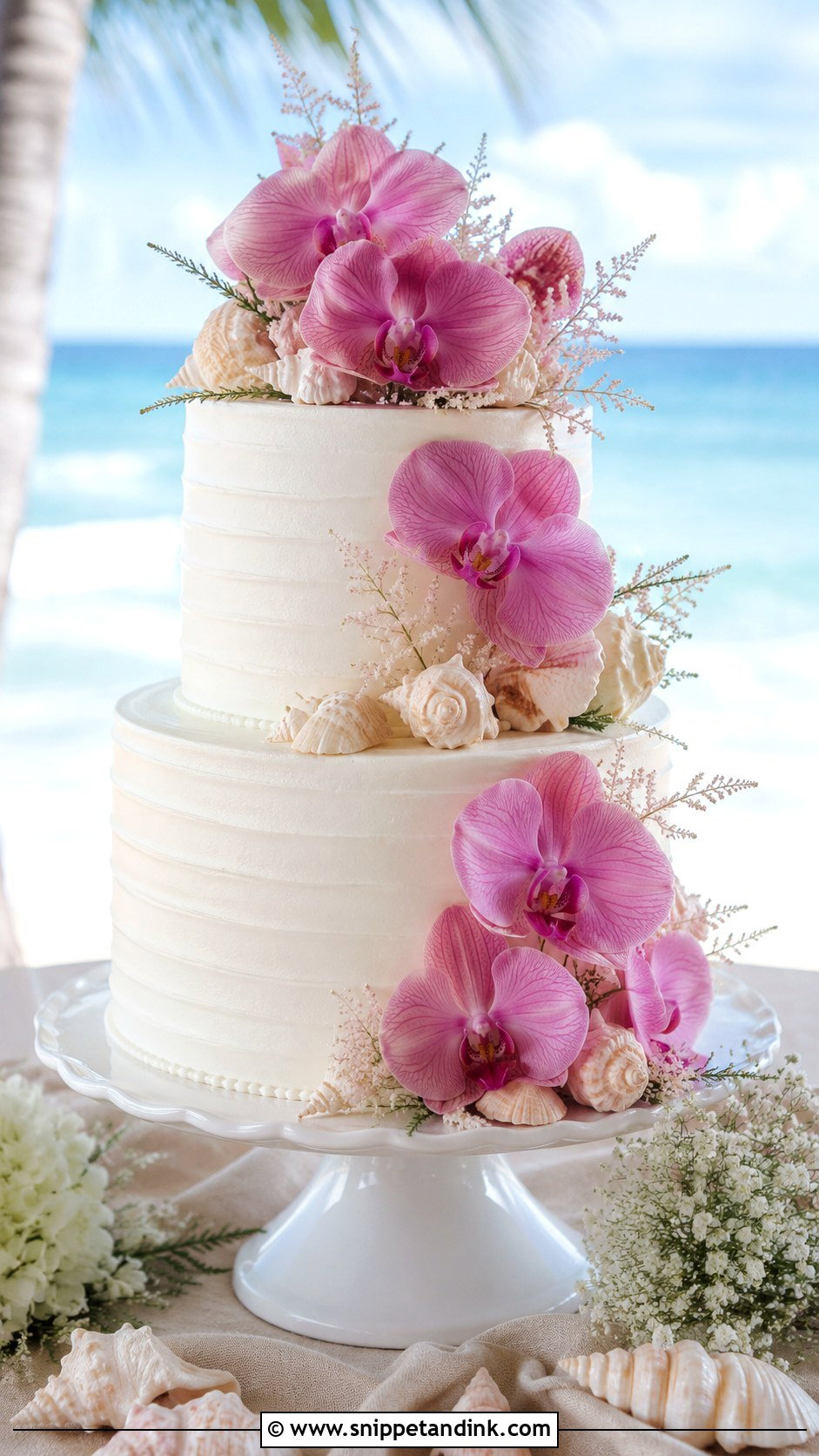 Pink Orchid Beach Wedding Cake - Snippet and Ink - 35 Pink Orchid Wedding Cake Ideas