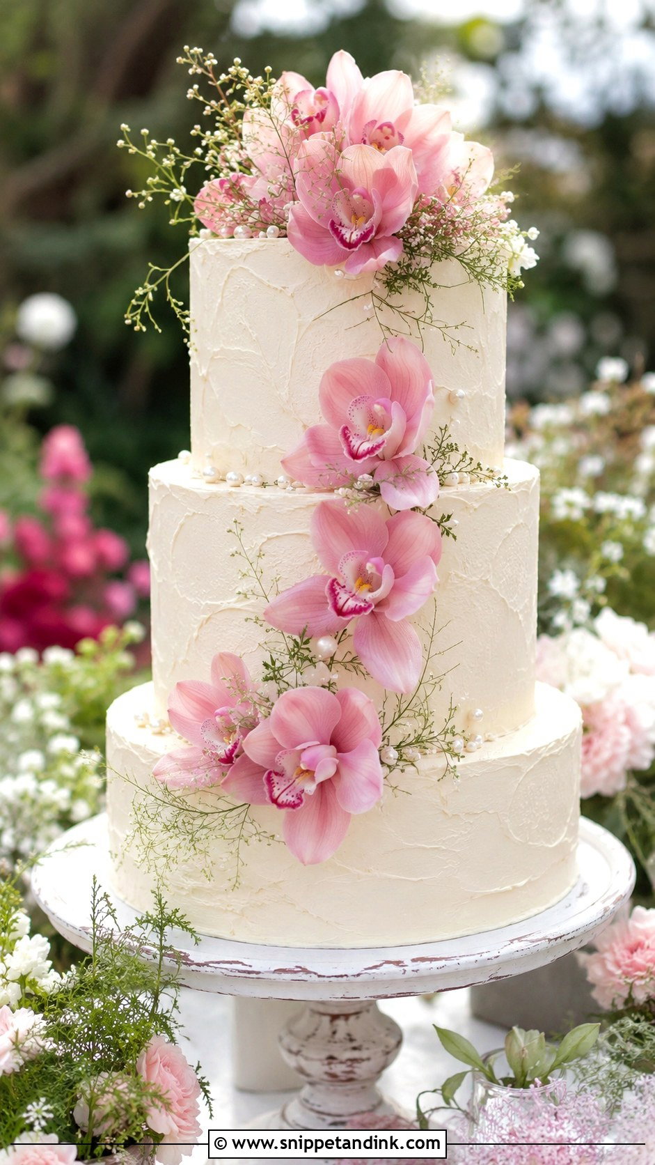 Pink Orchid Buttercream Wedding Cake - Snippet and Ink - 35 Pink Orchid Wedding Cake Ideas
