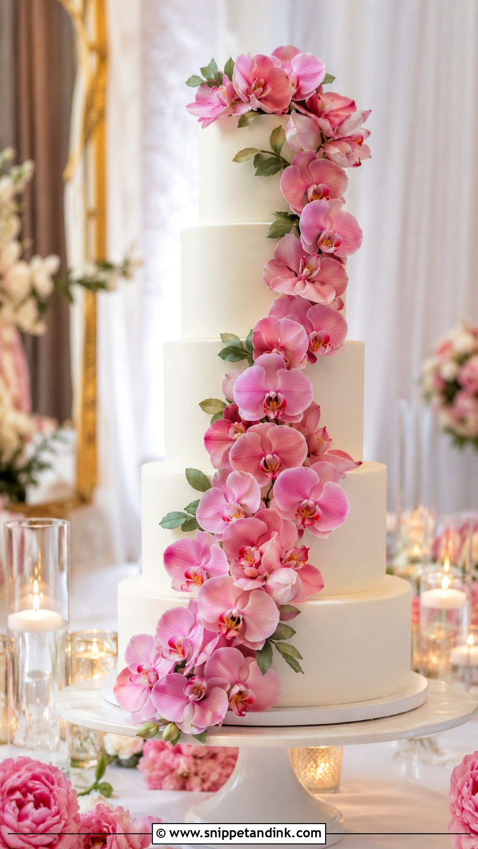 Pink Orchid Cascade Wedding Cake - Snippet and Ink - 35 Pink Orchid Wedding Cake Ideas
