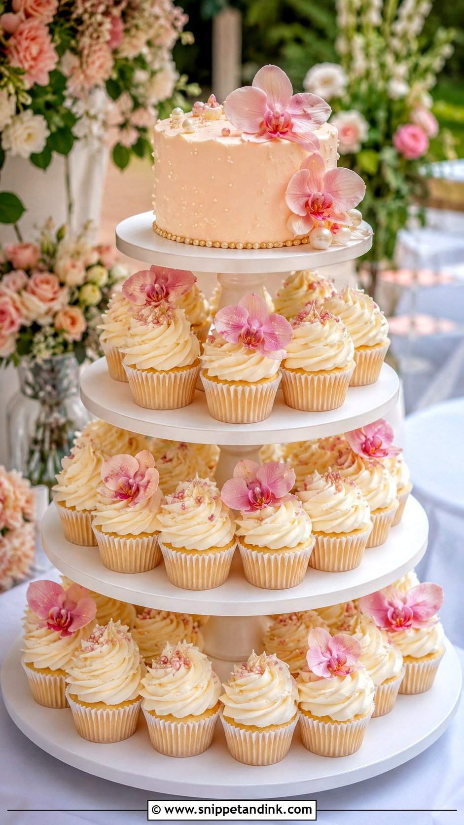 Pink Orchid Cupcake Wedding Cake - Snippet and Ink - 35 Pink Orchid Wedding Cake Ideas