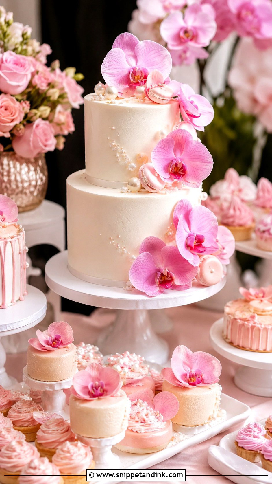 Pink Orchid Dessert Table Cake - Snippet and Ink - 35 Pink Orchid Wedding Cake Ideas
