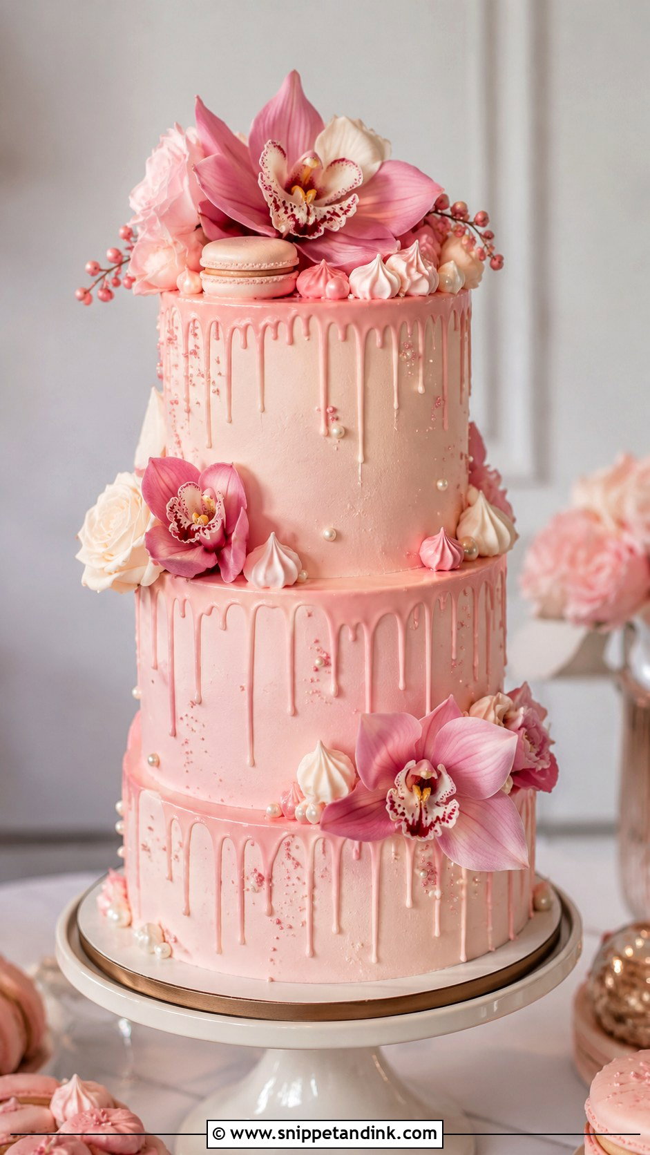 Pink Orchid Drip Wedding Cake - Snippet and Ink - 35 Pink Orchid Wedding Cake Ideas